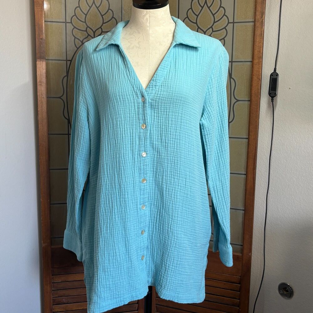 Soft Surroundings Escambia Gauze Blouse Top Blue Teal Button Up Size L - Picture 2 of 14